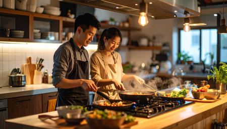 Happy asian couple cooking together in the kitchen at home. Lifestyle and people concept.の素材