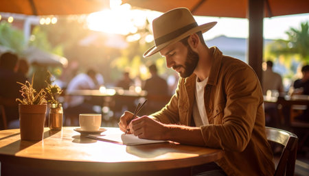 Handsome bearded man writing notes while sitting in a coffee shopの素材