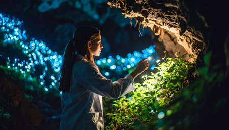 A young woman in a white coat stands in a cave and looks at the night illumination.の素材