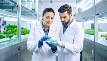 Two scientists working on petri dish in laboratory. Selective focus.の素材