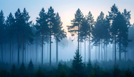 Foggy pine forest in the morning, panoramic viewの素材