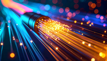 Fiber optical network cable close up with bokeh background.の素材