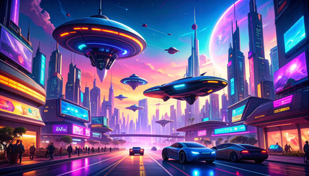 Futuristic city with flying saucers in the night skyの素材