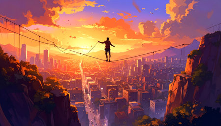 Silhouette of a man balancing on a tightrope in the city at sunsetの素材