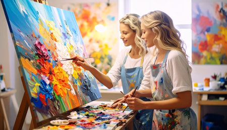 Portrait of two young female artists painting on canvas in art studioの素材