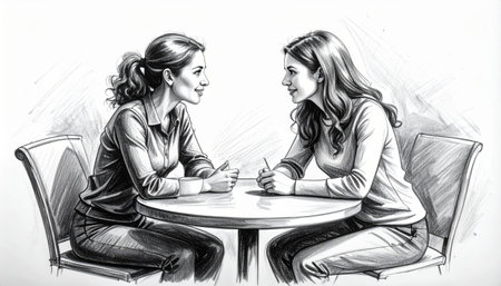 Two young women in a cafe. Ink and watercolor illustration.の素材