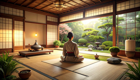 Japanese man in traditional kimono meditating in a Japanese gardenの素材