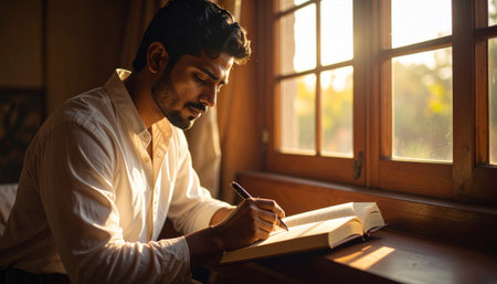 Handsome young man writing in a notebook while sitting by the window at homeの素材