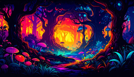 Fantasy forest with magic trees and mushrooms. Fairytale landscape.の素材