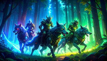 Fantasy scene with fantasy dragon and wolf in the forest at nightの素材
