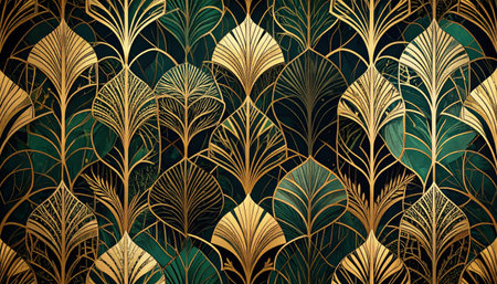 Vintage floral seamless pattern in gold and green colors. Vector illustration.の素材