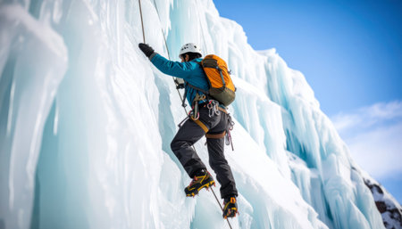 Alpinist ascenting a frozen waterfall in Ice climbing sport.の素材
