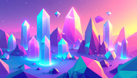 3D low polygonal landscape with mountains and crystals. Vector illustrationの素材