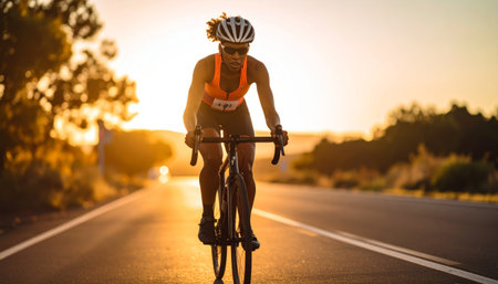 Cyclist riding bicycle on road at sunset. Sport and healthy lifestyle.の素材