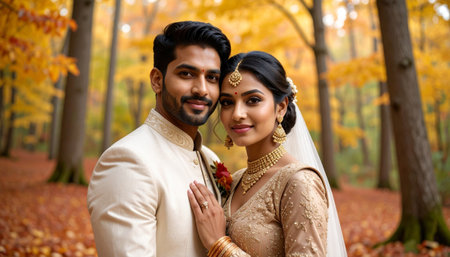 Portrait of indian bride and groom in traditional indian wedding clothesの素材