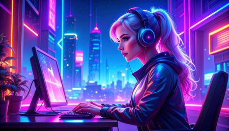 Portrait of a beautiful girl gamer in headphones using a computer on the background of the night cityの素材