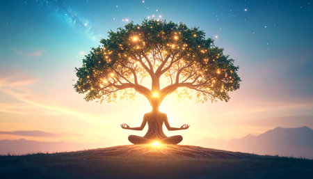 Conceptual image of a woman meditating with a tree in the backgroundの素材