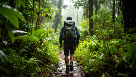 Man with backpack hiking in the rainforest. Adventure and travel conceptの素材