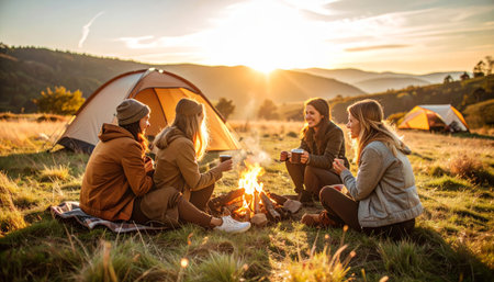 Group of friends sitting near bonfire and drinking tea in autumn campingの素材