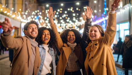 Group of friends having fun and dancing on the street at Christmas timeの素材