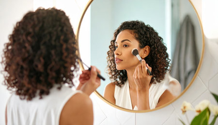 Beautiful young African woman applying make-up near mirror in bathroomの素材