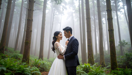 Beautiful bride and groom embracing in the forest with foggy backgroundの素材