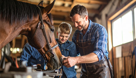 Father and son taking care of their horses in the stable at the day timeの素材
