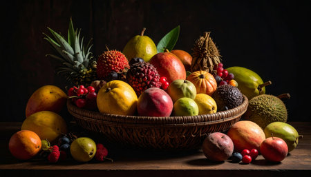 Fruits in a basket on a wooden table. Dark background.の素材