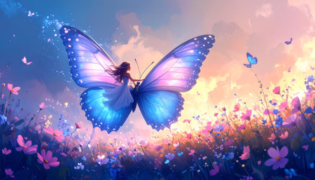 Beautiful butterfly in the meadow with flowers. 3d renderingの素材