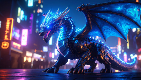 Dragon statue in the city at night. 3D Renderingの素材