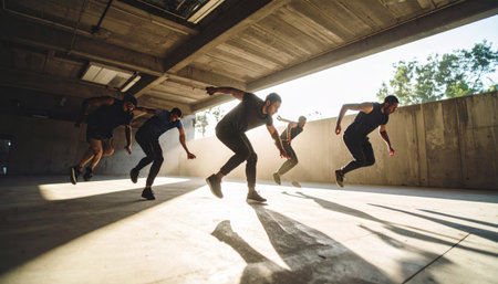 Low angle view of a group of friends jumping in a parkの素材