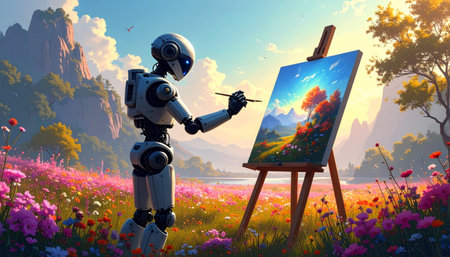 Robot painting on canvas in the meadow. 3d renderの素材
