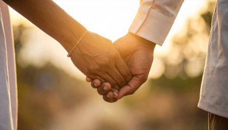 Hands of man and woman holding each other on sunset backgroundの素材