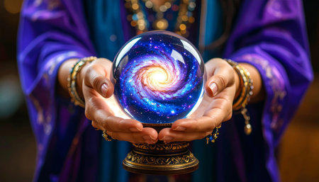 Hands of indian woman holding crystal ball with universe inside.の素材