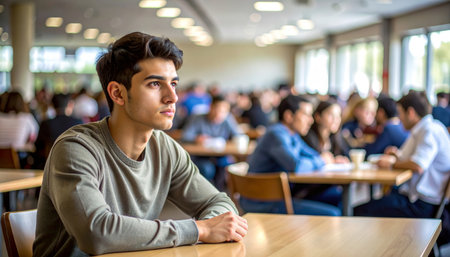 Portrait of a young man sitting at a table in a lecture hallの素材