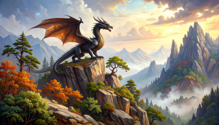 Fantasy landscape with dragon in the mountains. 3D illustration.の素材