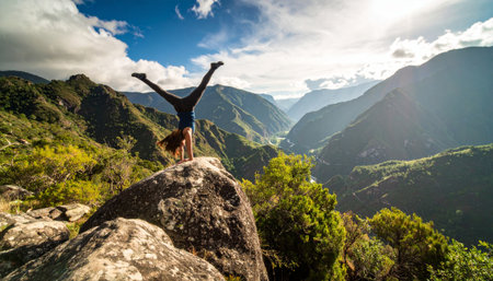 Young woman with arms outstretched standing on top of a mountain and enjoying the viewの素材