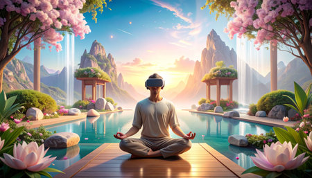Woman meditating in lotus position near the pool. 3D renderingの素材
