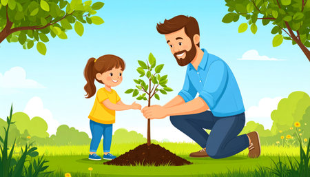 Father and daughter planting tree in the garden. Vector cartoon illustration.の素材