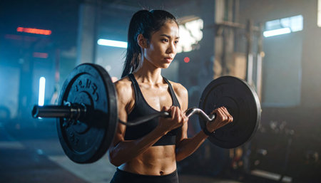 Beautiful asian woman lifting a barbell in the gymの素材