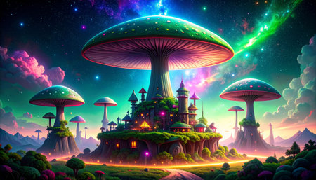 Fantasy landscape with magic castle and mushrooms. Fantasy background. 3D renderingの素材