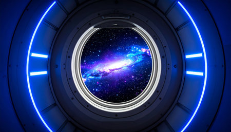Futuristic spaceship interior with blue neon lights. Spaceship window view on space and stars. 3D renderingの素材
