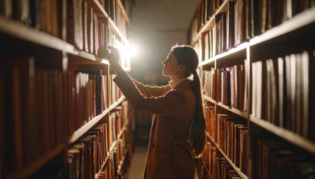 Side view of young female student standing in library and looking at booksの素材