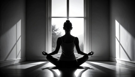 yoga woman sitting in lotus position and meditating in the roomの素材