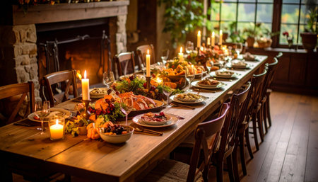 Beautifully decorated table for Thanksgiving dinner in a rustic styleの素材
