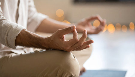 Man meditating in lotus position at home, focus on handsの素材