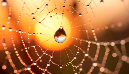 spider web with dew drops at sunrise, shallow DOFの素材