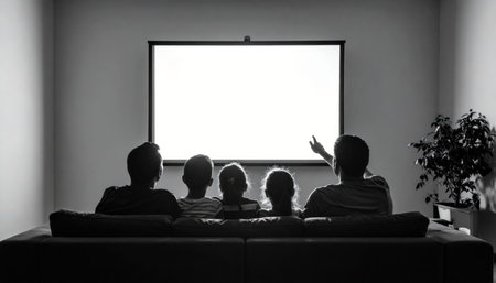 Group of people watching a movie on a white screen in the cinemaの素材