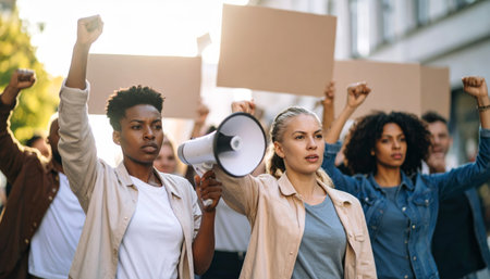 multiethnic group of protesting people with megaphone in cityの素材