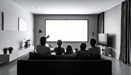 Group of young people watching tv in the living room at home.の素材